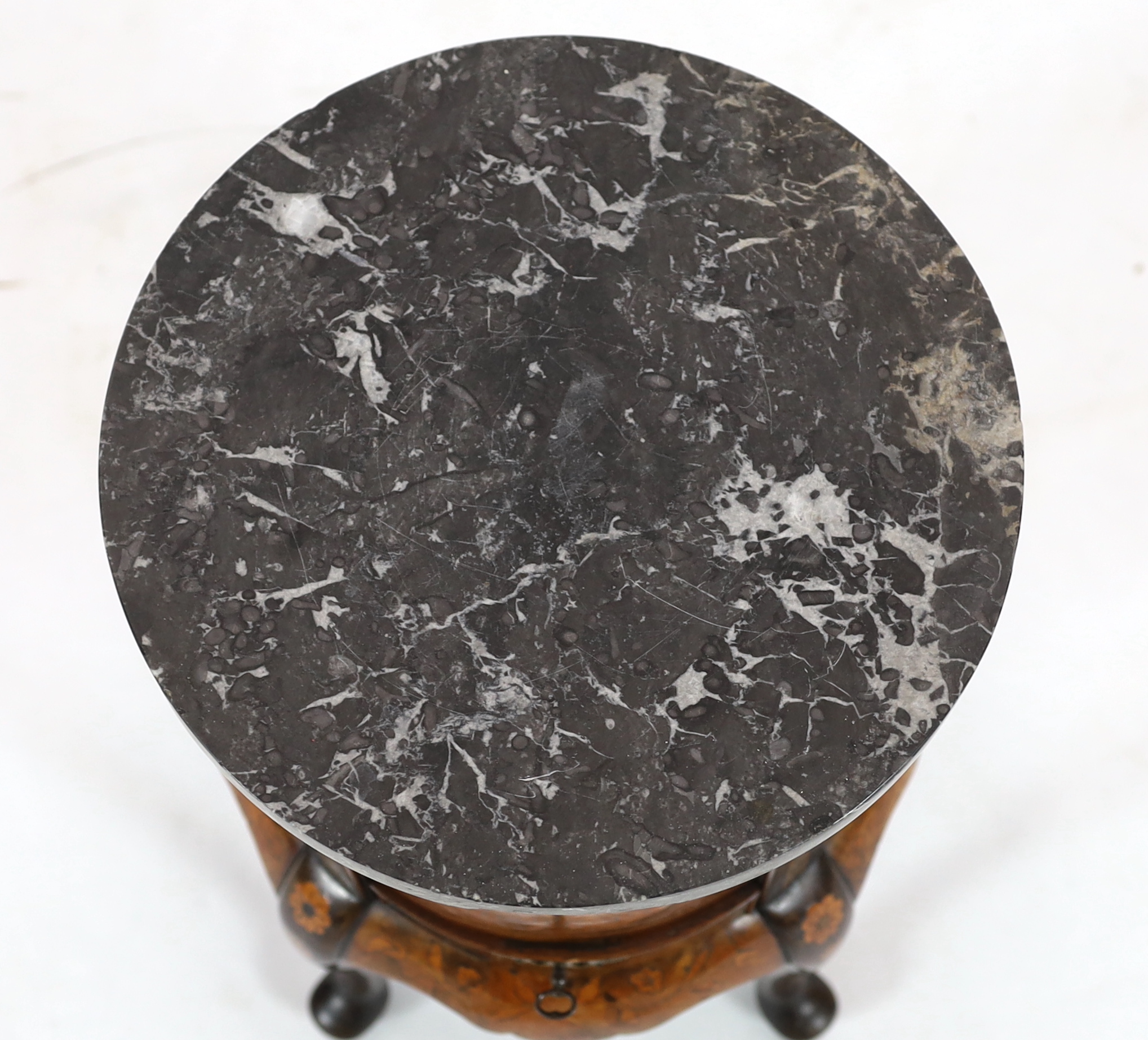 A late 18th century Dutch floral marquetry inlaid walnut wine cooler, 32cm diameter, 55cm high, Please note this lot attracts an additional import tax of 5% on the hammer price